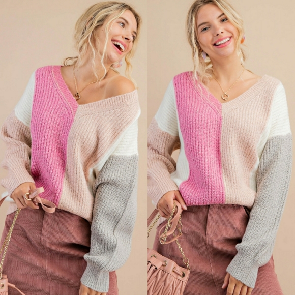 Luxe Label Sweaters - Ice Queen Pink Coloblock V Neck Sweater